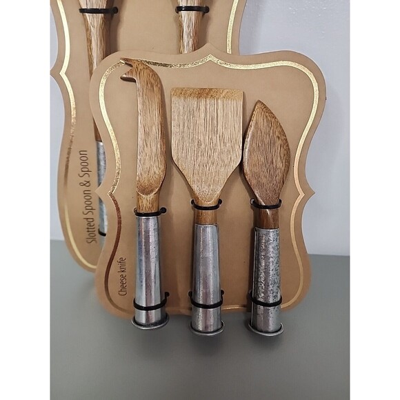 Slotted Spoon SET Cheese Knife Set LOT Wood Galvanized Metal Handle Farmhouse - Picture 2 of 10